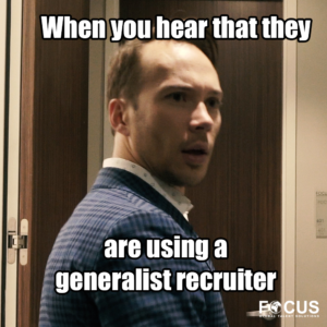 Dave Fox making a frighten expression "when you hear that they are using a generalist recruiter"